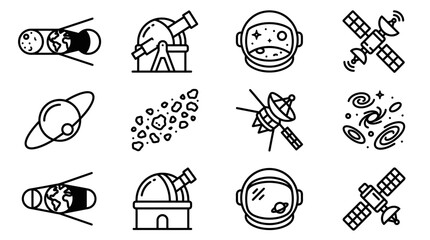 Space Icons Set: Astronomy, Astronaut, Satellite, Planets, Galaxy, Telescope, Nebula © Brian