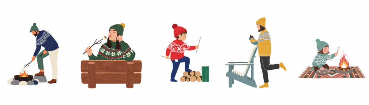 Set of flat vector illustrations featuring people in winter clothing roasting marshmallows over campfires during a cozy outdoor holiday activity.