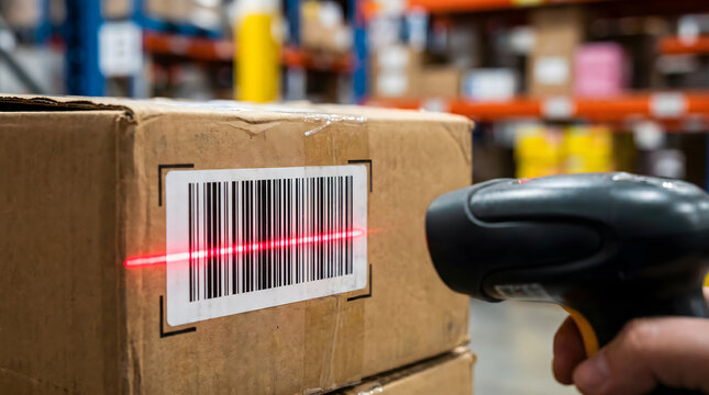 Handheld barcode scanner scanning a label on a cardboard box in a warehouse