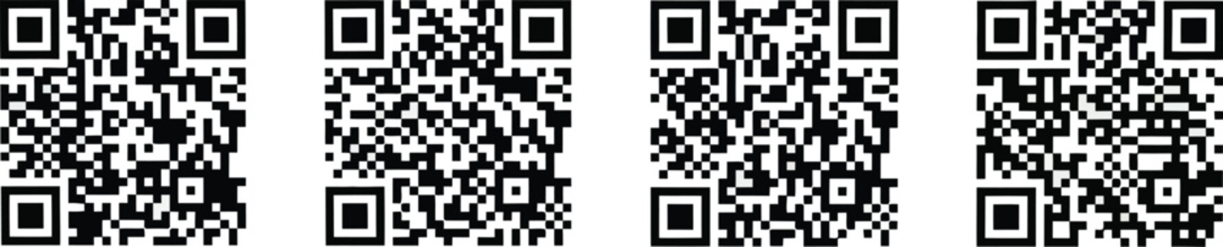 Four customizable QR codes for marketing and business use. Black and white pixelated squares for digital and print media campaigns