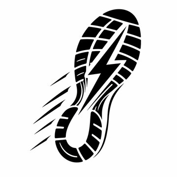 Black shoe footprint icon with lightning bolt for fast running sports isolated on white background