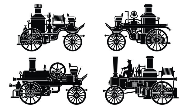 Set of four vintage steam fire engine silhouettes in black isolated on a simple design