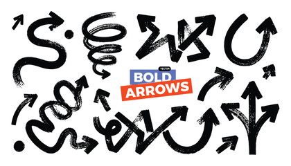 Fototapeta premium Bold grunge brush stroke arrows vector set with directional pointer signs and doodles
