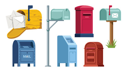 Mailbox vector illustrations set featuring classic vintage and modern post boxes with letters and flags flat cartoon graphic elements © Ruma