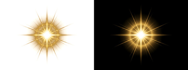 Fototapeta premium Amber lens flare with radiant star burst and glowing halo ring for cinematic overlay design in PNG, Transparent and Black Background Versions