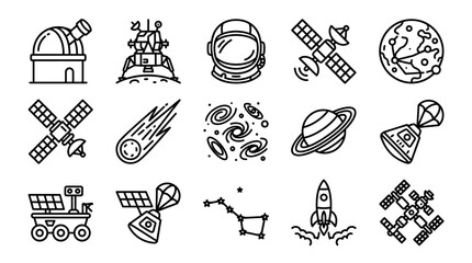 Space Exploration Icons: Astronaut, Rocket, Satellite, Planets, Nebula, Comet, Observatory © Brian