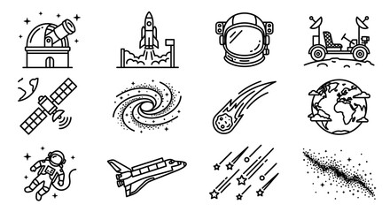 Space Exploration Icons: Rocket, Astronaut, Earth, Galaxy, Spaceship, Telescope © Brian