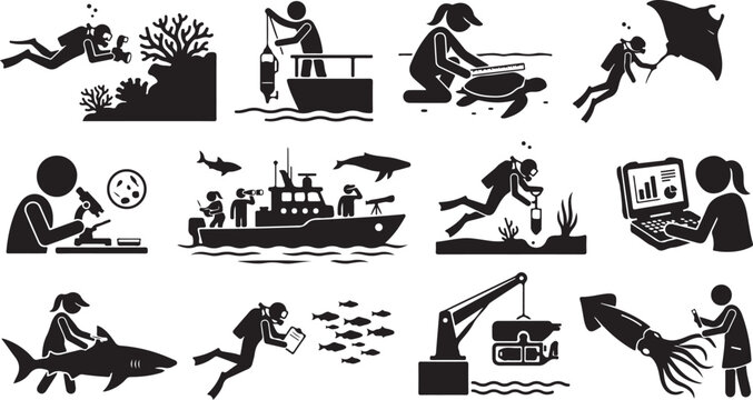 Fishing, diving, and marine icons, black silhouette set, 13 vector graphics, ocean activities, fishing industry, scuba diving, seafood, nautical, water sports