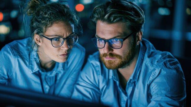 Focused young man and woman wearing glasses working together late at night on computer in modern office environment with blurred background and dim lighting