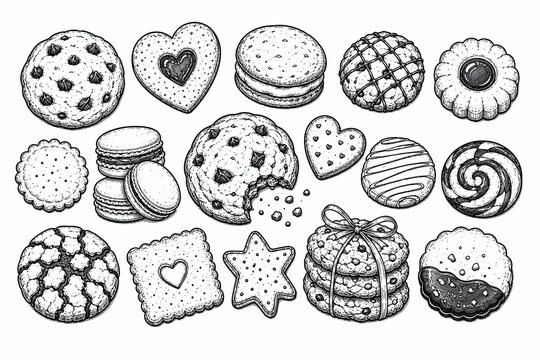 Set of hand drawn cookies and biscuits in black and white sketch style isolated on white background