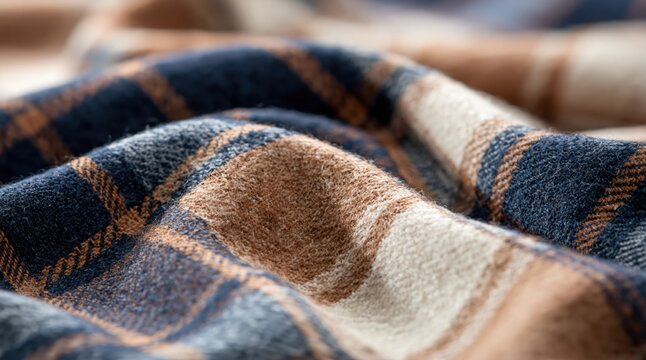 Fabric flannel texture with a soft blue and brown checkered plaid textile pattern