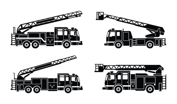 Set of black silhouette fire truck icons with extendable ladders for emergency services