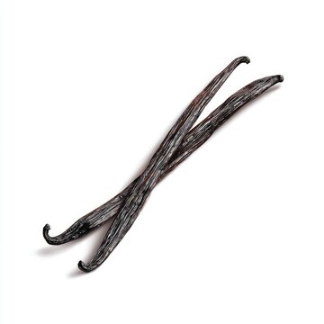 Two dark, dried vanilla bean pods with visible seeds on a white background