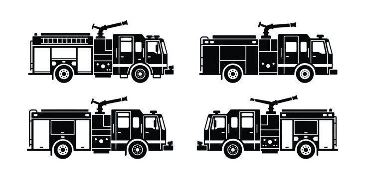 Set of fire engine truck silhouettes showing different views for emergency services design