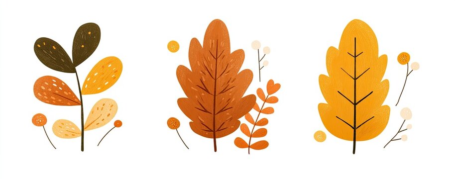 Three illustrated autumn leaves and berries in warm, earthy tones