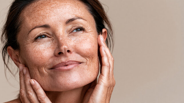 Mature woman gracefully embracing her natural beauty, smiling while touching her face, showcasing authentic skin with freckles and wrinkles, reflecting self care and confident aging