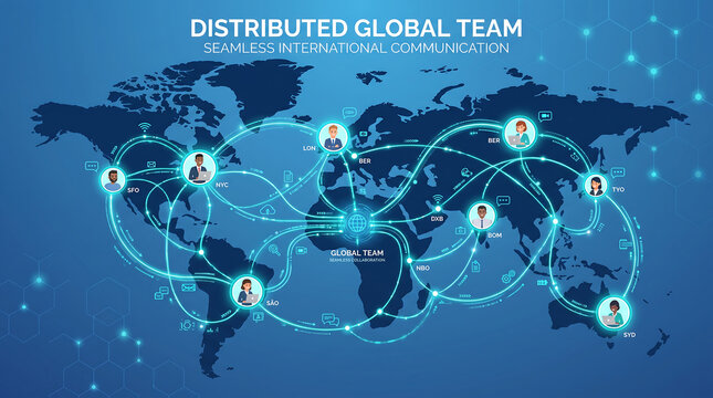 Distributed global team map with seamless international communication data connections vector illustration