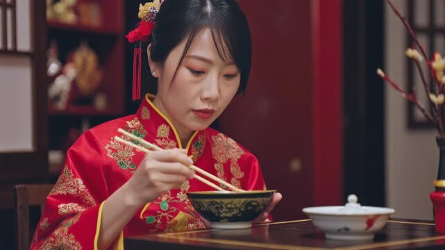 Asian woman eating noodles with chopsticks.