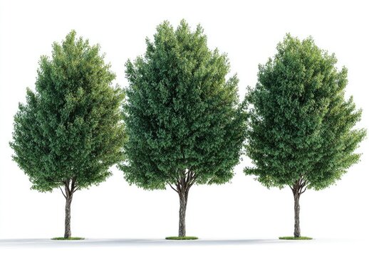Three lush green deciduous trees with textured bark, isolated on a white background
