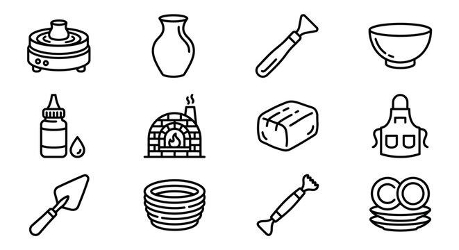 Pottery Craft Icons: Wheel, Kiln, Tools, Clay, Apron, Vases, Bowls, Plates