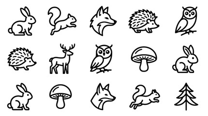 Obraz premium Cute Forest Animals and Nature Icons Set: Rabbit, Fox, Squirrel, Owl, Deer, Hedgehog, Mushroom, Tree