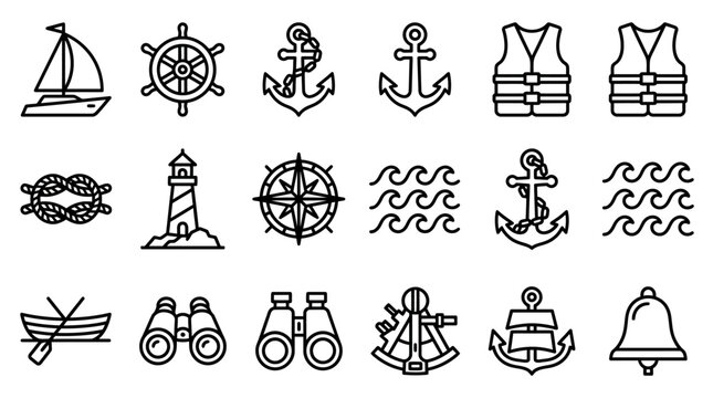 Nautical Icons Set: Sailboat, Anchor, Compass, Lighthouse, Life Vest, Binoculars, Boat