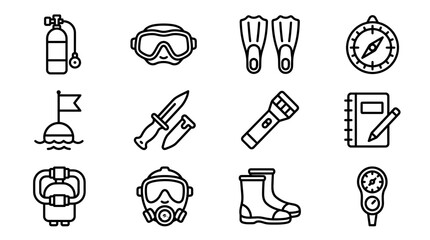 Scuba Diving Equipment Icons Set: Oxygen Tank, Mask, Fins, Compass, Buoy, Knife, Flashlight, Notebook, Gear, Gas Mask, Boots, Gauge © Brian