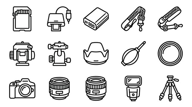 Photography Equipment Icons: Camera, Lenses, Tripod, SD Card, Power Bank, Flash