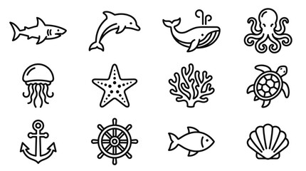 Ocean Life Icons: Shark, Dolphin, Whale, Octopus, Jellyfish, Starfish, Coral, Turtle, Anchor, Ship Wheel, Fish, Shell © Brian