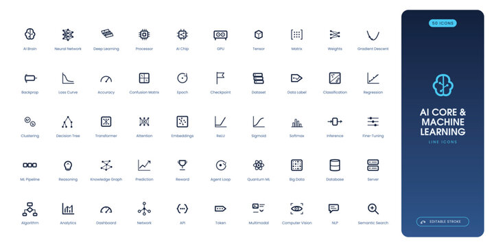 Artificial Intelligence icon set. Contain icons related to machine learning, neural network, deep learning, algorithm, automation, data model, training, and more. Editable stroke. Vector illustration