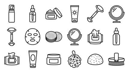 Skincare routine icons: beauty products, tools, and accessories for facial care, isolated on white. © Brian