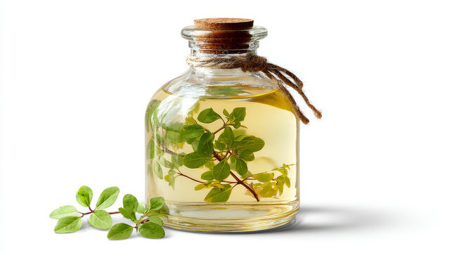 Clear glass jar filled with herbal tea and vibrant green leaves set against a clean white backdrop