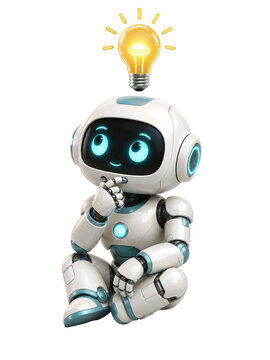 Cute 3D robot mascot character sitting in a thinking pose with a glowing lightbulb idea above head, futuristic AI for creativity, innovation, and smart solutions, isolated on transparent background.