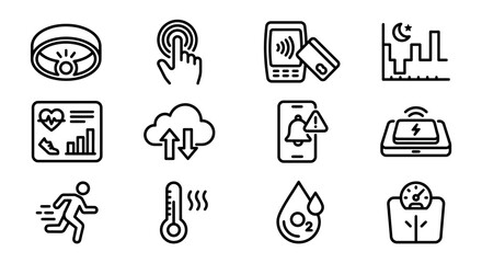 Fototapeta premium Digital Health Icons: Fitness Tracker, ECG, Payment, Data, Cloud, Alert, Wireless Charging, Running, Thermometer, Oxygen, Scale
