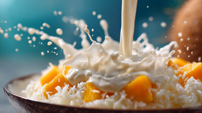 Refreshing bowl of coconut rice garnished with ripe mango and creamy topping ideal for enjoying during the summer months