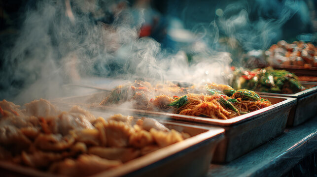 Mouthwatering street food spread featuring hot dishes in a vibrant market setting