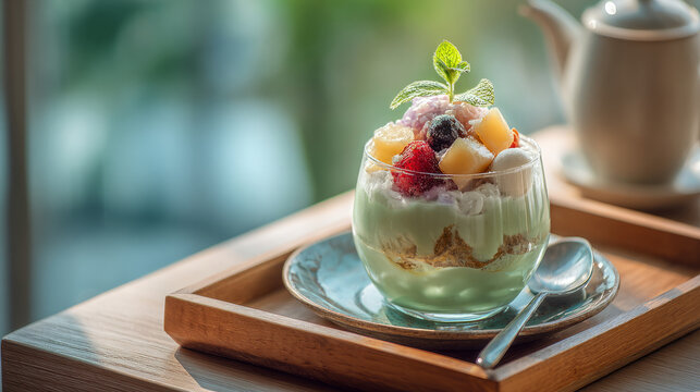 Tempting layered dessert featuring fresh fruits and creamy layers elegantly presented in a glass on a rustic wooden tray