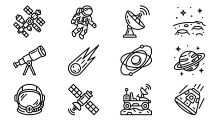 Space exploration icons: astronaut, satellite, rocket, planet, telescope, comet, moon © Brian