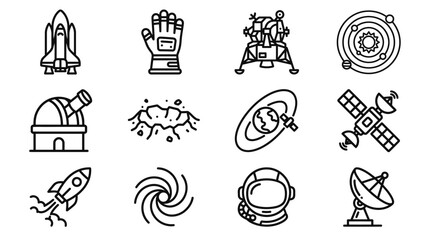 Space Exploration Icons: Rocket, Astronaut, Moon Lander, Satellite, Planet, Telescope © Brian