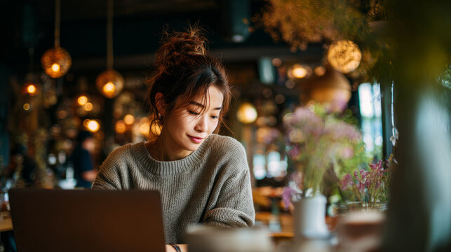 Young woman focused on her laptop in a cozy cafe featuring a warm atmosphere and lovely floral decorations