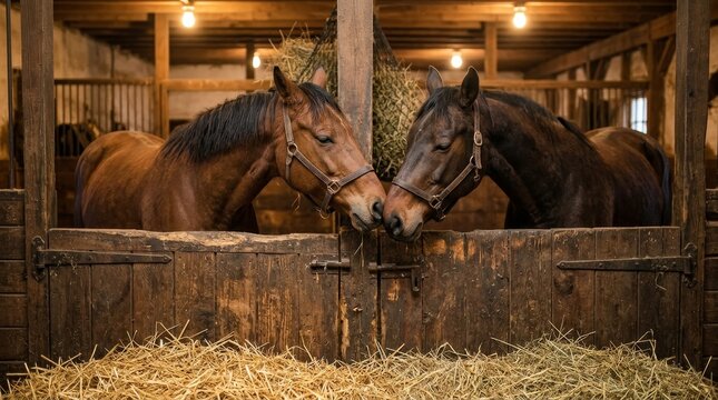 Two horses touch noses in a barn stall