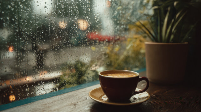 Enjoying a warm cup of coffee by the window while rain falls outside surrounded by the beauty of nature