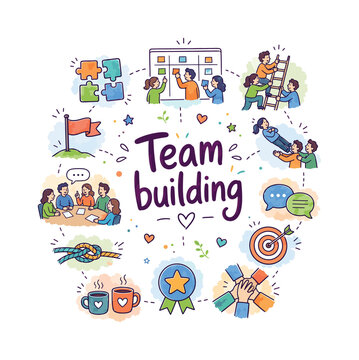 Team building. Hand drawn illustration of Team building. collaboration board, puzzle pieces, shared ladder, team flag, trust fall icon, meeting table, speech bubbles, rope knot, target, coffee cups,