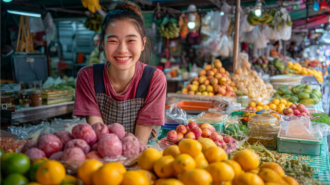 Joyful young woman offering fresh fruits at a lively market stand filled with colorful produce