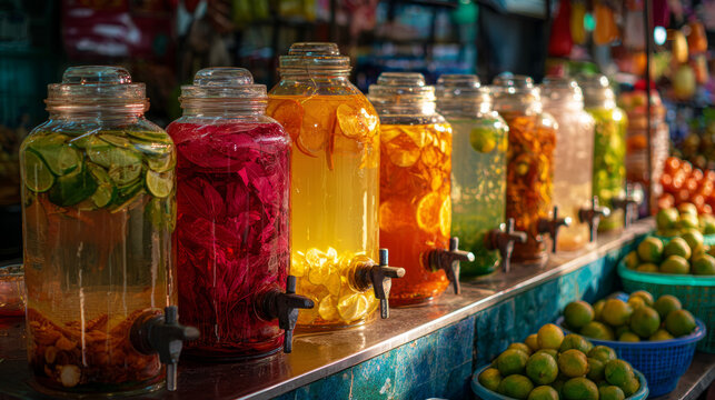 Vibrant selection of refreshing fruit infused drinks in glass jars displayed at a lively market stall