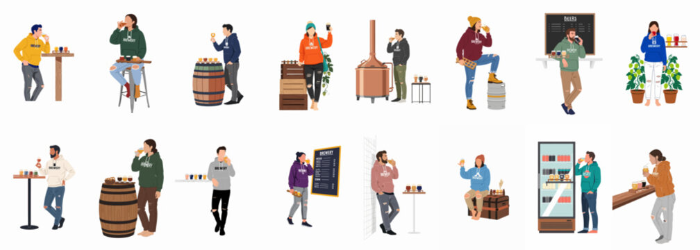 Diverse set of people in casual attire enjoying craft beer tastings and flights at a microbrewery with various brewing equipment and accessories.