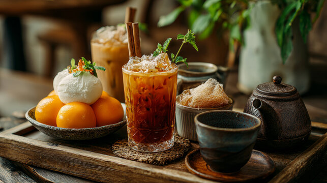 Chilled drink paired with delicious desserts on a wooden tray amidst lush green plants
