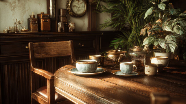 Charming afternoon tea arrangement featuring vintage cups and stylish decor illuminated by soft warm lighting