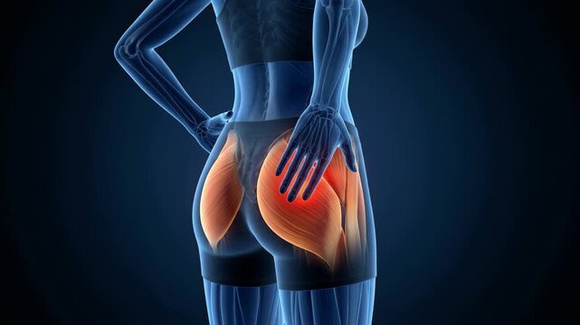 Anatomical 3d animation of hip pain and gluteal muscle inflammation