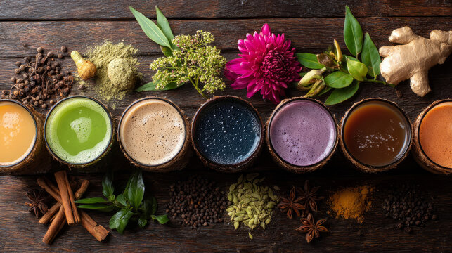 A colorful array of herbal tea infusions with spices and fresh ingredients on a rustic wooden surface